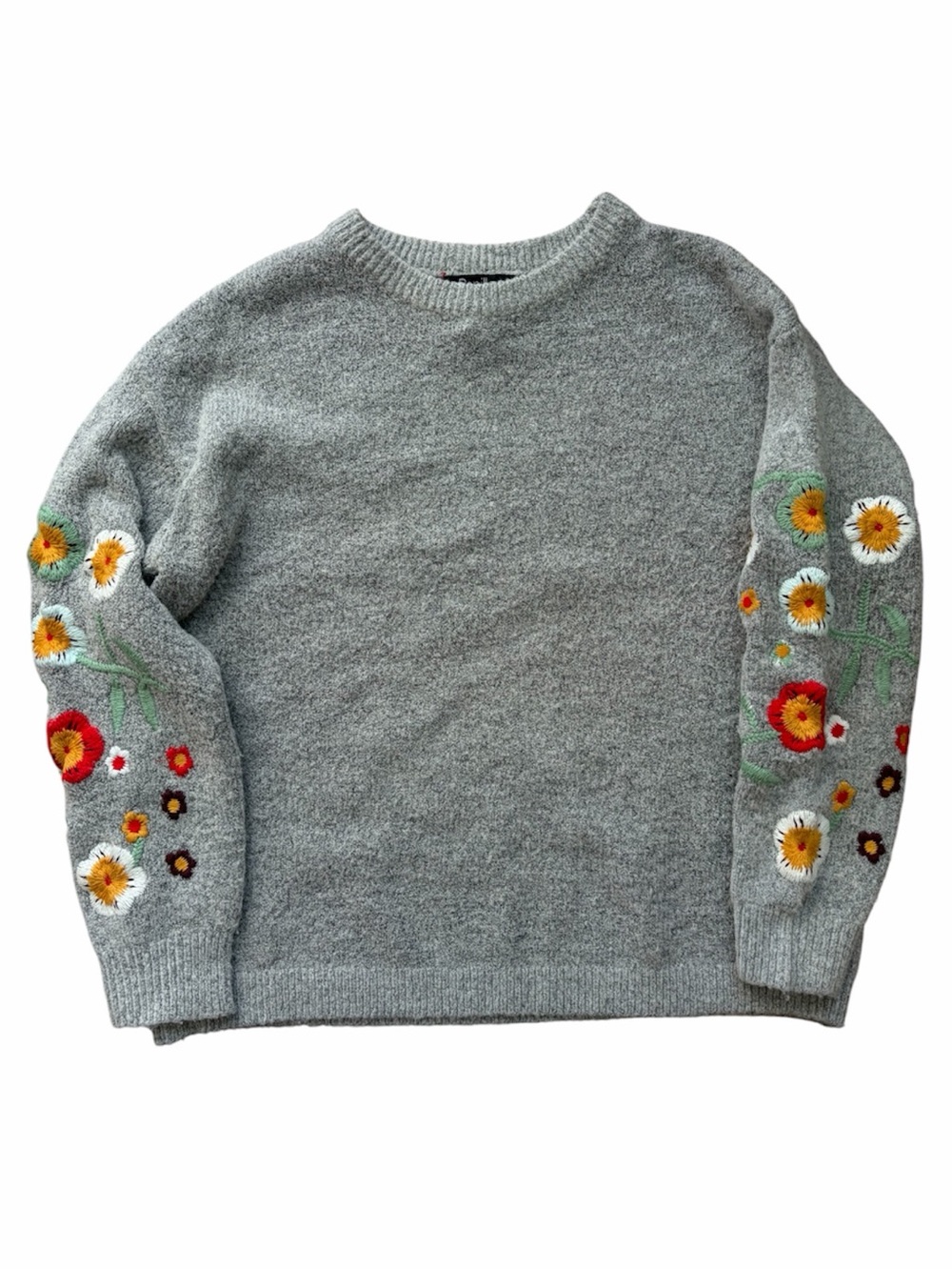 Papillon Floral Embroidered Sweater Grey Crewneck Knit Grandmacore Cottagecore
